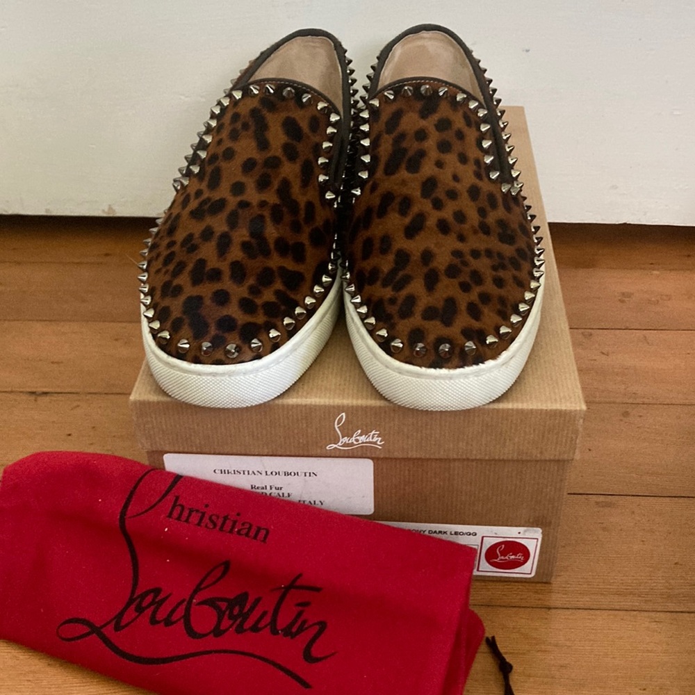 Louboutin PIK Boat Flat Dark Leopard Leo/GG Brown/Dk Gun size 39
